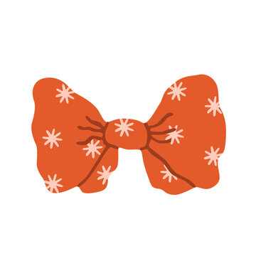 Flat vector illustration of an orange decorative bow with snowflake motifs, wide loops, ribbon tails and a central knot, isolated on a white background for gift wrapping.