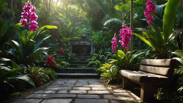Stone path leading through lush tropical garden with pink orchids