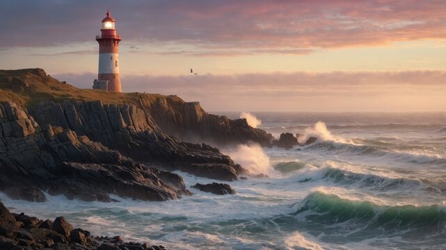 Red and white lighthouse on rocky cliff against sunset sky