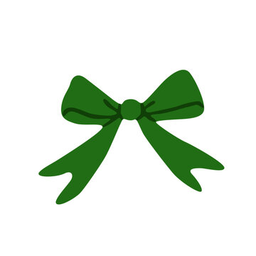Flat vector illustration of a dark green decorative bow with wide loops, long ribbon tails and a central knot, isolated on a white background for gift wrapping and holiday decoration.