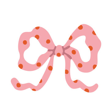Flat vector illustration of a pink decorative bow with orange polka dots, wide loops, long ribbon tails and a central knot, isolated on a white background for gift wrapping.