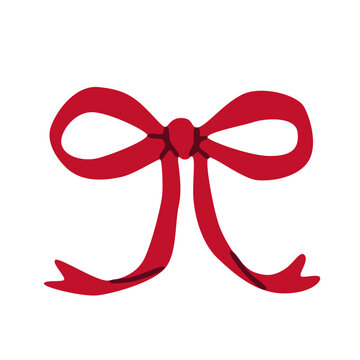 Flat vector illustration of a red decorative bow with wide loops, long ribbon tails and a central knot, isolated on a white background for Christmas gift wrapping and decoration.