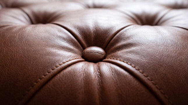 Brown leather tufted sofa upholstery close-up with buttoned cushion detail and stitching texture