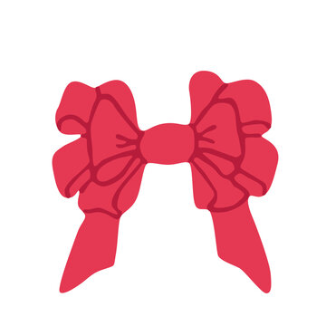 Flat vector illustration of a pink and red decorative bow with layered loops, long ribbon tails and a central knot, isolated on a white background for Christmas gift wrapping.