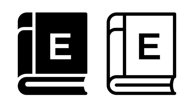 Book icon with letter e symbol in glyph and outline style vector illustration