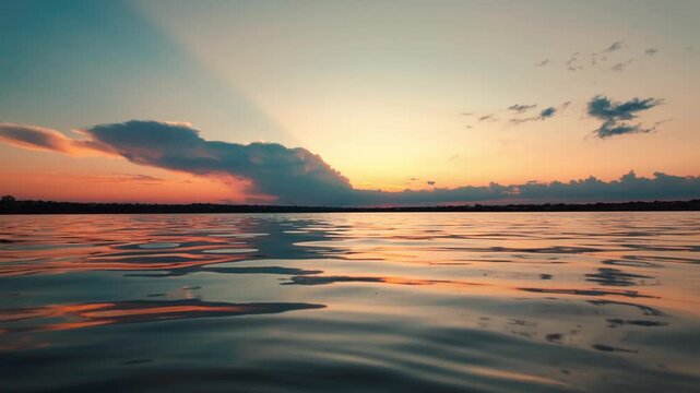 Golden sunset rippling lake water level