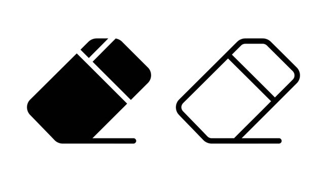Rubber eraser icon set in solid black and outline styles with stationery