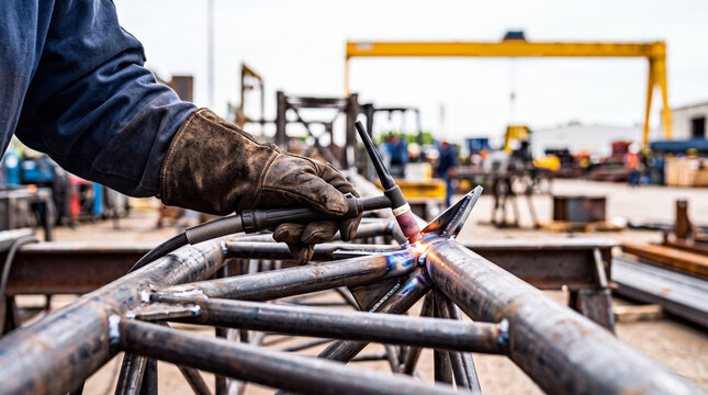 Welder welding steel truss with torch in outdoor construction fabrication yard with protective gloves