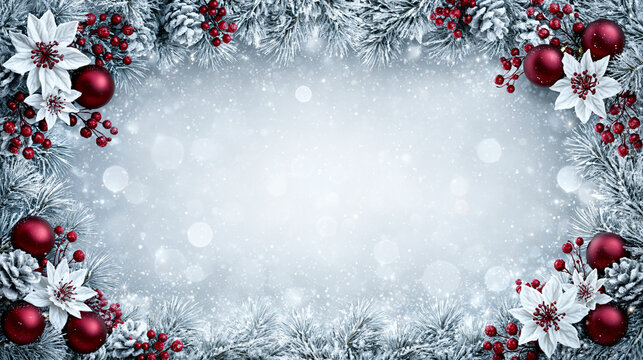 Luxury winter christmas frame with ice blue border, poinsettias and crystal baubles