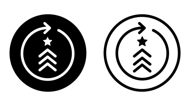 Circular arrow surrounding a star and upward chevrons representing continuous