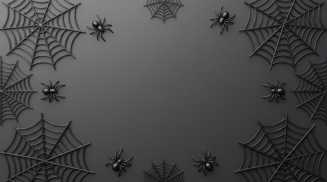 Halloween spooky background with black webs and spiders on grey