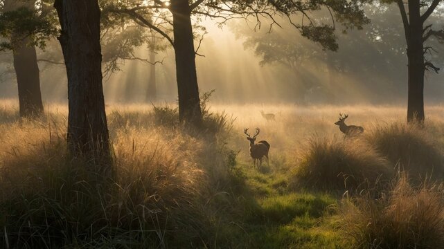 Deer standing in misty forest during golden sunrise