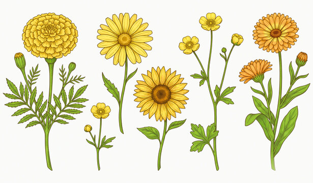 Vintage Yellow Garden Flowers Botanical Painting Style Vector Collection