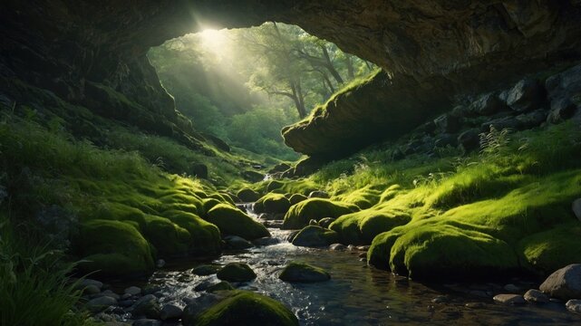 Sunlight rays illuminate a lush mossy cave with a flowing stream