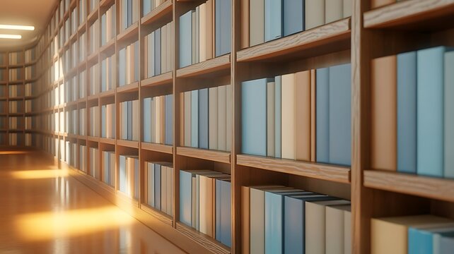 Endless wooden library shelves filled with rows of books in a quiet academic setting with soft warm lighting and a polished wooden floor surface