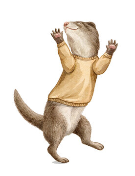 Vintage cartoon cute Christmas ferret in yellow sweater clothes dancing isolated on white background. Watercolor hand drawn illustration sketch