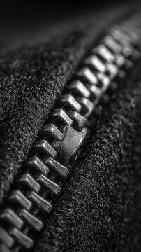 A macro shot reveals the intricate details of a metal zipper against a textured black fabric backdrop.