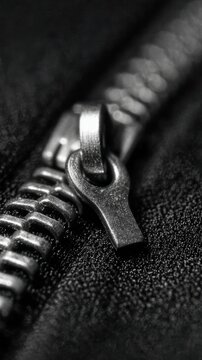 Close-up of a metal zipper on a textured black surface, focusing on the slider and interlocking teeth.