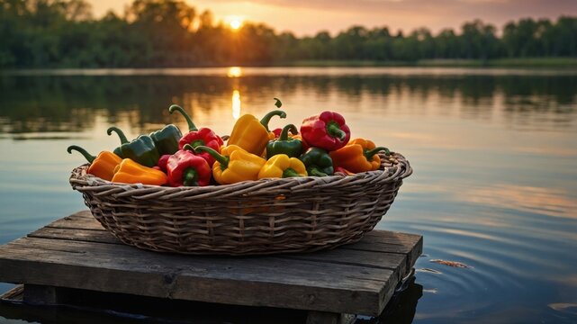 Basket of colorful bell peppers on a wooden pier at sunset