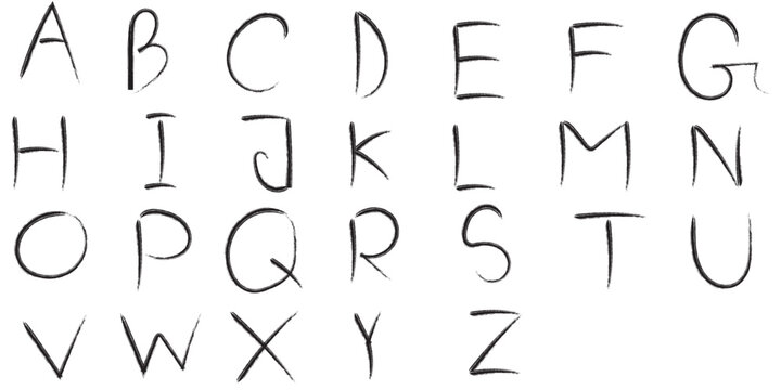Hand drawn thin black uppercase alphabet letters and pencil sketch font set, 26 capital elements, doodle handwriting typography for school education, notes and creative design