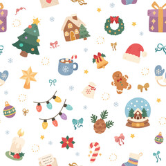 Fototapeta premium Christmas seamless pattern set featuring tree house wreath gift bell mug gingerbread character santa hat sack garland snow ball candle