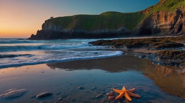 Orange starfish on a sandy beach at sunset near coastal cliffs