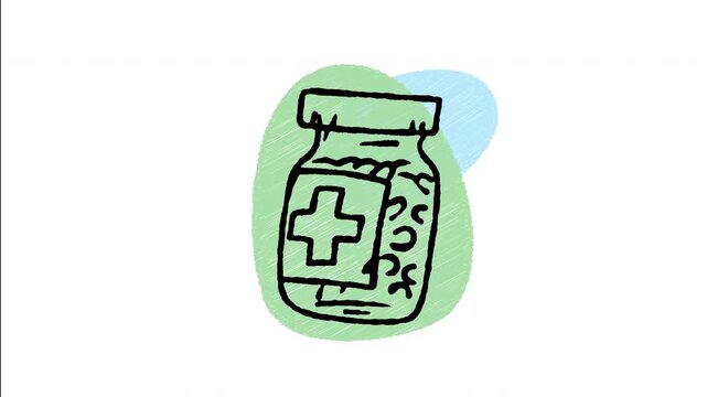 An animated hand-drawn glass medicine jar labeled with a cross. Perfect for pet supplements, veterinary pharmaceuticals, animal health vitamins, medical prescriptions, and care products.