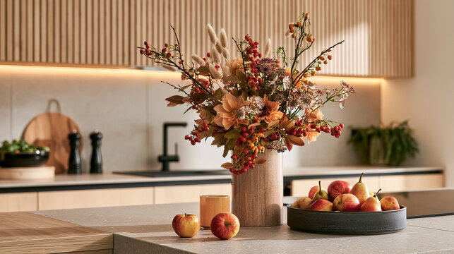 Autumn floral arrangement in a vase and a fruit bowl with fresh apples and pears decorating a sleek, modern kitchen island