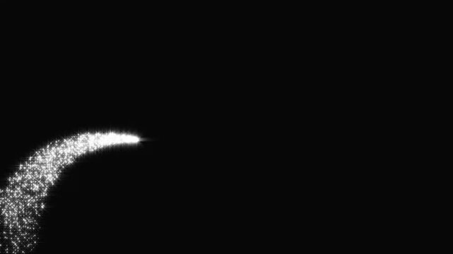Glittering white star dust trail with sparkling particles, magical fairy dust, glowing pixie light, floating stars and shimmering glitter line animation on a black screen overlay 4k