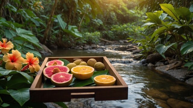 Tropical fruits on a wooden tray near a jungle river stream