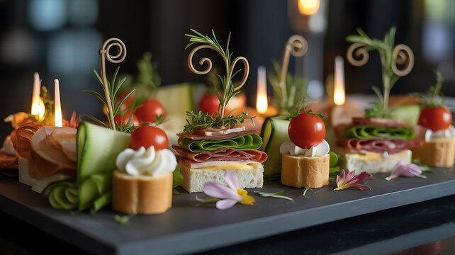 Gourmet appetizer canapes with cherry tomatoes and fresh herbs on a slate platter for catering events and party food
