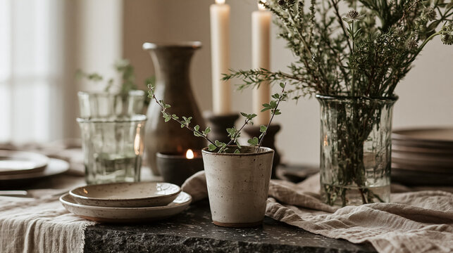 Cozy dining table setting with flickering candles, rustic ceramics, natural linen tablecloth, and fresh botanical decoration