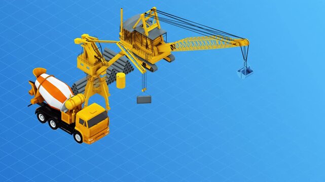 3D isometric animation of a yellow construction crane lifting a concrete mixer truck.