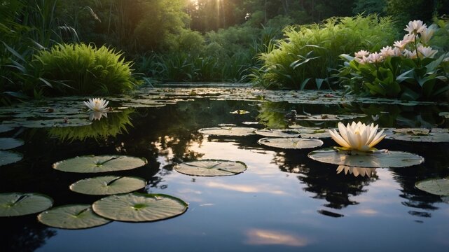 White water lilies float on a serene pond at sunset in a lush garden