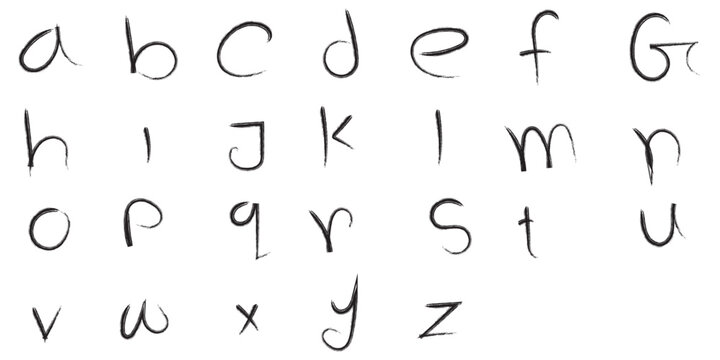 Hand drawn thin black alphabet letters and pencil sketch font set, 26 lowercase elements, doodle handwriting typography for school education, notes and creative design