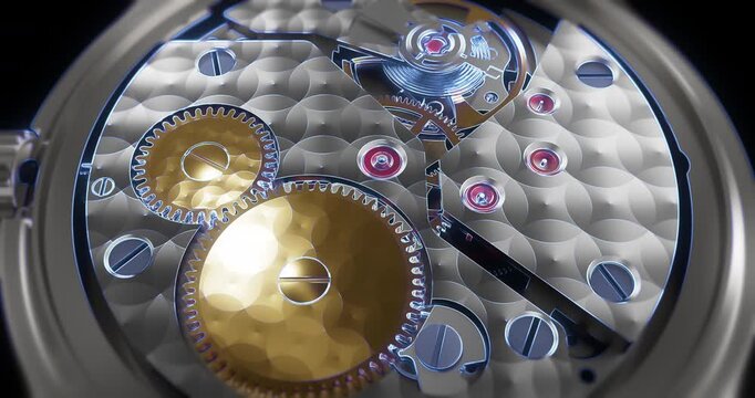 Detailed view of skeleton luxury watch movement with working mechanical parts.