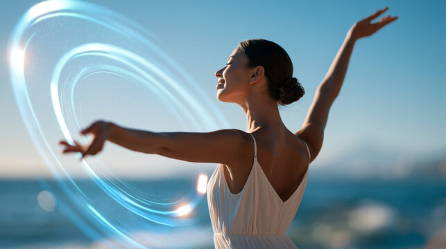 rear view of a woman raising her arm on a bright sunny beach with a futuristic holographic display animating around her, back to camera, technology and innovation concept, coastal
