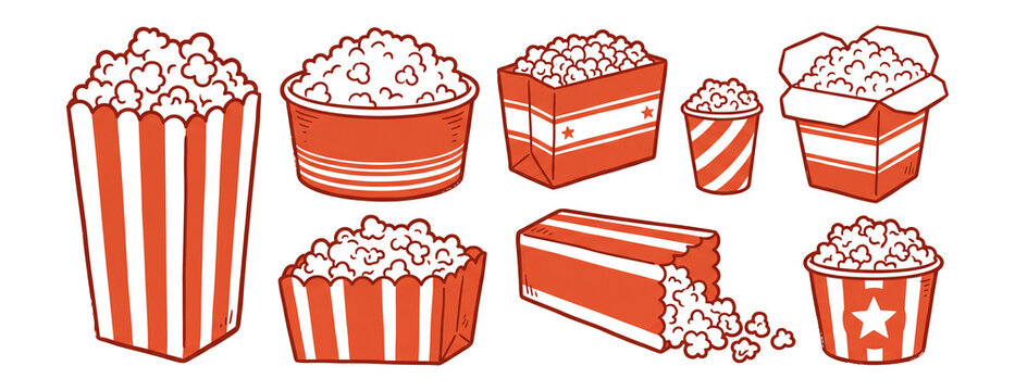 Retro Popcorn Containers Hand Drawn Cinema Snack Set