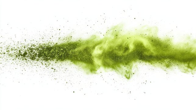 Green matcha tea powder explosion creating a dynamic cloud of particles on a clean white background.