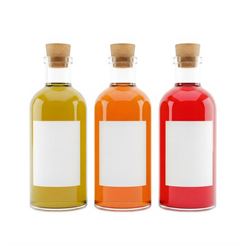 Three colorful glass bottles with liquid and golden caps arranged in a row