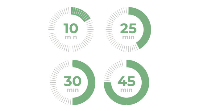Set of circular progress bar timers for 10, 25, 30 and 45 minutes