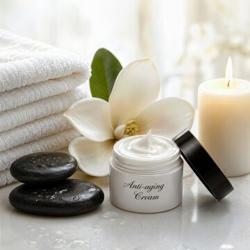 A jar of anti-aging cream featuring a white magnolia flower and black spa rocks for self-care