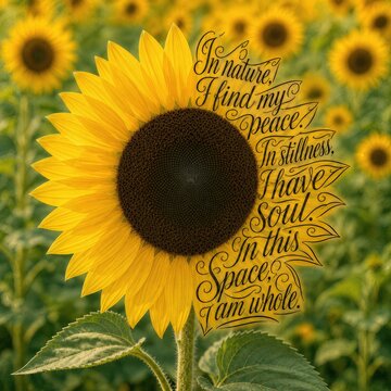 A large sunflower adorned with an elegantly scripted quote rises against a backdrop of a serene field of sunflowers 