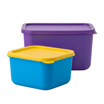 Two colorful plastic storage bins stacked together