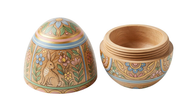 Decorative wooden easter egg container with hand painted floral patterns and rabbit illustration on white background transparent background