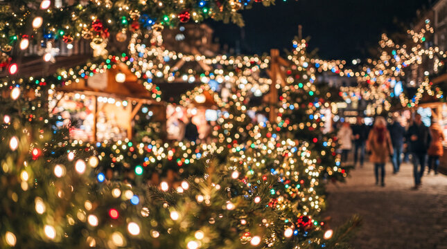 M&aacute;gica exhibici&oacute;n nocturna de m&uacute;ltiples luces navide&ntilde;as multicolores entrelazadas entre ramas y arbustos, creando un vibrante efecto bokeh de ensue&ntilde;o.