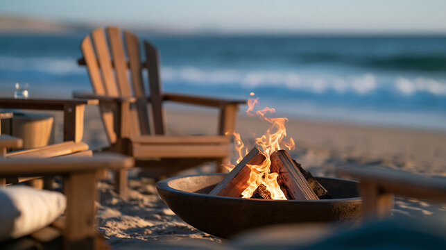 fire pit set up on a bright sunny beach with ocean waves in the background, coastal lifestyle concept, community, togetherness, outdoor gathering, bright, with copy space