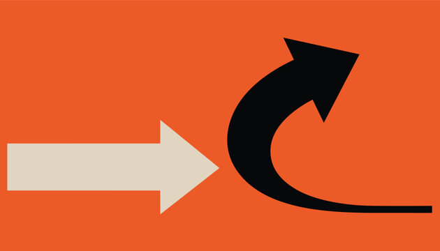 Arrows of Change and Resistance: A white arrow points towards a black arrow that is curving away, illustrating the concept of opposing forces and transformation against orange background.