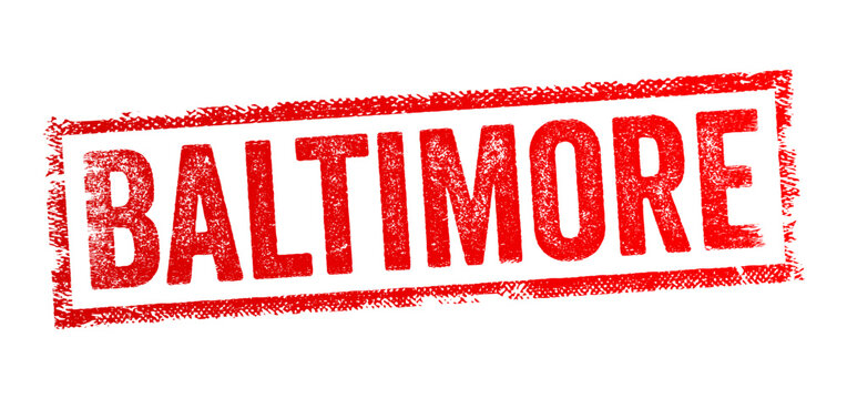 Baltimore rubber stamp text design with distressed grunge texture, city name imprint for travel, tourism and location identification purposes.