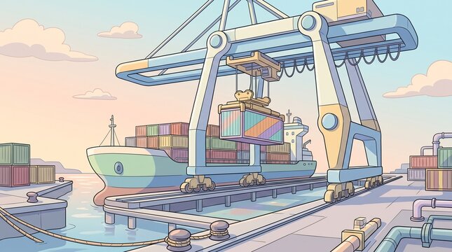 Stylized cartoon illustration of a bustling cargo port at sunrise, showing a container ship loading with a gantry crane, embodying global logistics and efficient trade